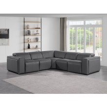 1224 - DivanItalia Dark Grey 5-Piece L-Shaped Modular Power Reclining Sectional with Power Headrests - Top Grain Italian Leather
