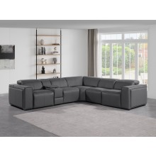 1224 - DivanItalia Dark Grey 6-Piece L-Shaped Modular Power Reclining Sectional with 3 Power Recliners and Power Headrests - Top Grain Italian Leather