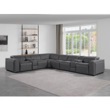 1224 - DivanItalia Dark Grey 8-Piece L-Shaped Modular Power Reclining Sectional with 3 Power Recliners and Power Headrests - Top Grain Italian Leather