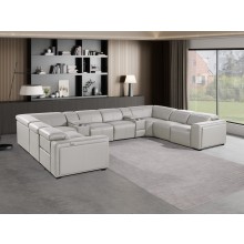 1224 - DivanItalia Light Grey 10-Piece U-Shaped Modular Power Reclining Sectional with 4 Power Recliners and Power Headrests - Top Grain Italian Leather
