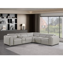 1224 - DivanItalia Light Grey 6-Piece L-Shaped Modular Power Reclining Sectional with 3 Power Recliners and Power Headrests - Top Grain Italian Leather