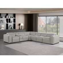 1224 - DivanItalia Light Grey 7-Piece L-Shaped Modular Power Reclining Sectional with 3 Power Recliners and Power Headrests - Top Grain Italian Leather