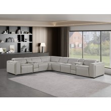 1224 - DivanItalia Light Grey 8-Piece L-Shaped Modular Power Reclining Sectional with 3 Power Recliners and Power Headrests - Top Grain Italian Leather