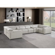 1224 - DivanItalia Light Grey 8-Piece U-Shaped Modular Power Reclining Sectional with 4 Power Recliners and Power Headrests - No Console - Top Grain Italian Leather