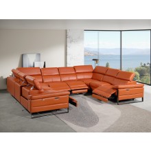 1246 - DivanItalia Camel 8-Piece U-Shaped Modular Power Reclining Sectional with 4 Power Recliners and Power Headrests - No Console - Top Grain Italian Leather