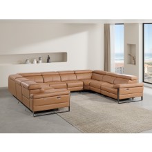1246 - DivanItalia Cognac 8-Piece U-Shaped Modular Power Reclining Sectional with 4 Power Recliners and Power Headrests - No Console - Top Grain Italian Leather