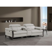 1246 - DivanItalia Light Grey Top Grain Italian Leather Console Loveseat with Power Headrest