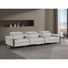 1246 - DivanItalia Light Grey Modular Power Triple Reclining Dual Console Sofa with Power Reclining Headrests - Top Grain Italian Leather