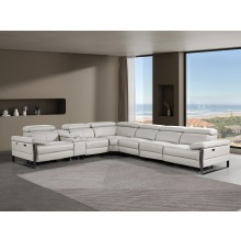 1246 - DivanItalia Light Grey 7-Piece L-Shaped Modular Power Reclining Sectional with 3 Power Recliners and Power Headrests - Top Grain Italian Leather