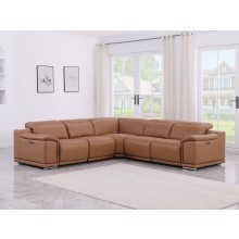 9762 DivanItalia Cognac 5-Piece Sectional with 3 Power Recliners and 1 Console Top Grain Italian Leather