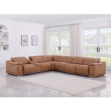 9762 DivanItalia Cognac 7-Piece Sectional with 4 Power Recliners and 1 Console Top Grain Italian Leather