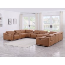 9762 DivanItalia Cognac 12-Piece Sectional Top Grain Italian Leather with 4 Power Recliners and 4 Consoles