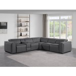 1224 - DivanItalia Dark Grey 6-Piece L-Shaped Modular Power Reclining Sectional with 3 Power Recliners and Power Headrests - Top Grain Italian Leather