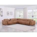 9762 DivanItalia Cognac 7-Piece Sectional with 3 Power Recliners and 1 Console Top Grain Italian Leather