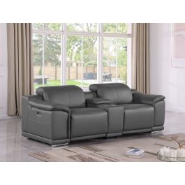 9762 DivanItalia Dark Gray 3-Piece Modular Power Reclining Console Loveseat with 2 Power Recliners in Top Grain Italian Leather