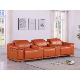 9762 DivanItalia Camel 5-Piece Modular Power Reclining Sofa and Loveseat Set with 3 Power Recliners in Top Grain Italian Leather