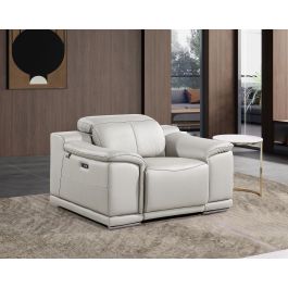 9762 DivanItalia Light Grey Top Grain Italian Leather Power Reclining Chair with Adjustable Headrests