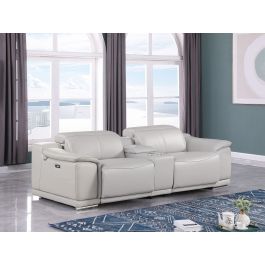 9762 DivanItalia LIght Gray 3-Piece Modular Power Reclining Console Loveseat with 2 Power Recliners in Top Grain Italian Leather