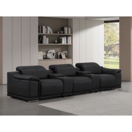 2679 Black Genuine Leather Sofa with 3 Power Recliners & Dual Storage Consoles