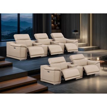 2679 Beige Power Reclining Sofa and Loveseat in Genuine Leather – 5 Recliners with Power Headrests & 3 Consoles