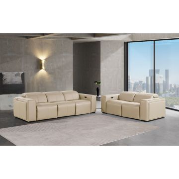 1224 DivanItalia Beige 5-Piece Modular Power Reclining Sofa and Loveseat Set in Top Grain Italian Leather with 4 Power Recliners & Power Headrests