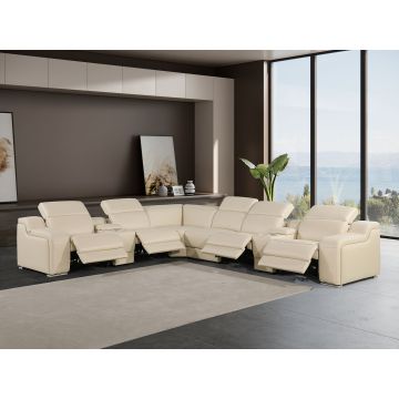 1116 DivanItalia Beige 8-Piece L-Shaped Sectional Sofa in Top Grain Italian Leather with 4 Power Recliners & Power Headrests