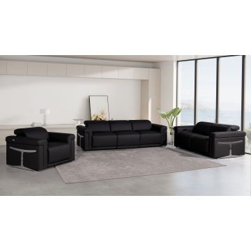 1126 DivanItalia Black 6-Piece Modular Power Reclining Sofa, Loveseat & Chair Set in Top Grain Italian Leather with 5 Power Recliners & Power Headrests