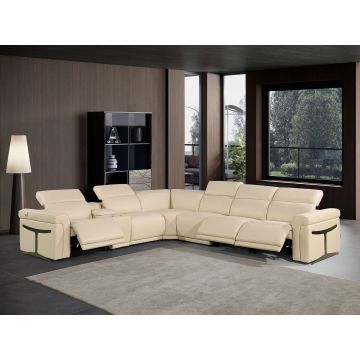 1126 DivanItalia Beige 7-Piece L-Shaped Sectional Sofa in Top Grain Italian Leather with 3 Power Recliners & Power Headrests