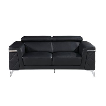 1140 DivanItalia Black Loveseat with Adjustable Headrest in Top-Grain Italian Leather