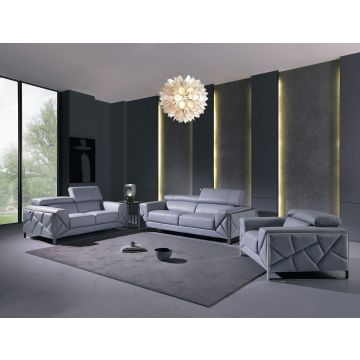 903 DivanItalia Light Blue 3-Piece Sofa Set with Adjustable Headrest in Top-Grain Italian Leather