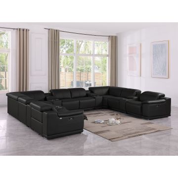 9762 DivanItalia Black 12-Piece U Shaped Top Grain Italian Leather Sectional Sofa with 4 Power Recliners