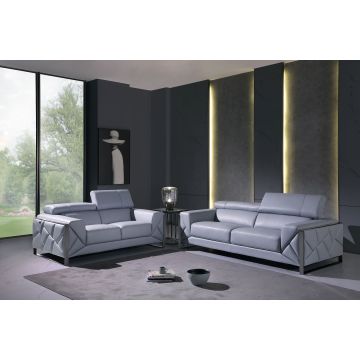 903 DivanItalia Light Blue 2-Piece Sofa Set with Adjustable Headrest in Top-Grain Italian Leather