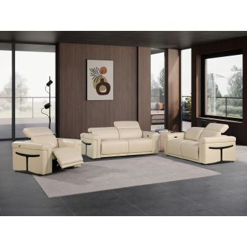 1126 DivanItalia Beige Power Reclining Sofa, Loveseat & Chair Set in Top Grain Italian Leather with 5 Power Recliners & Power Headrests