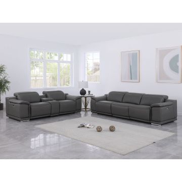 9762 DivanItalia Dark Gray 6-Piece Modular Power Reclining Sofa and Console Loveseat Set with 5 Power Recliners in Top Grain Italian Leather
