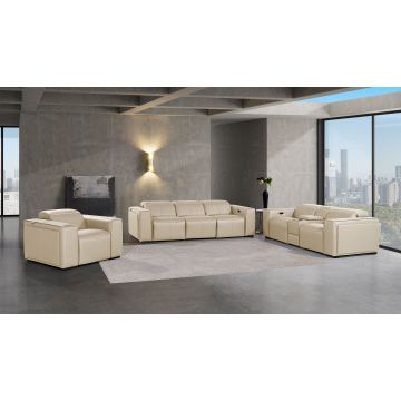 1224 DivanItalia Beige 7-Piece Modular Power Reclining Sofa, Loveseat & Chair Set in Top Grain Italian Leather with 6 Power Recliners & Power Headrests