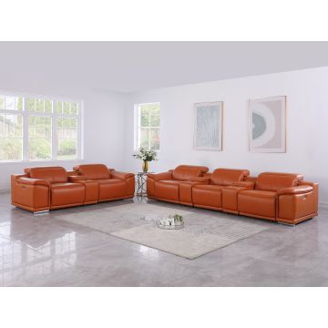 9762 DivanItalia Camel 8-Piece Modular Power Reclining Sofa and Console Loveseat Set with Top Grain Italian Leather