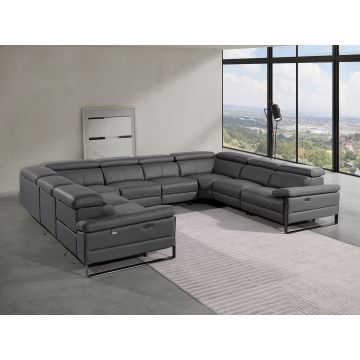 1246 DivanItalia Dark Grey 8-Piece U-Shaped Modular Power Reclining Sectional with 4 Power Recliners and Power Headrests – Top Grain Italian Leather
