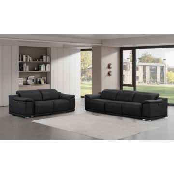 2679 Black Genuine Leather Reclining Set – Sofa and Loveseat with 4 Power Recliners