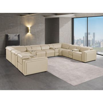 1224 DivanItalia Beige 12-Piece U-Shaped Sectional Sofa in Top Grain Italian Leather with 4 Power Recliners & Power Headrests