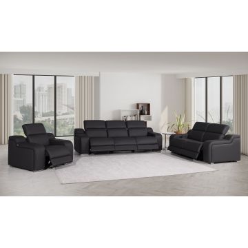 1116 DivanItalia Black 6-Piece Modular Power Reclining Sofa, Loveseat & Chair Set in Top Grain Italian Leather with 6 Power Recliners & Power Headrests