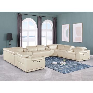 9762 DivanItalia Beige 12-Piece U Shaped Top Grain Italian Leather Sectional Sofa with 4 Power Recliners