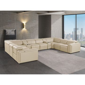 1224 DivanItalia Beige 10-Piece U-Shaped Sectional Sofa in Top Grain Italian Leather with 4 Power Recliners & Power Headrests