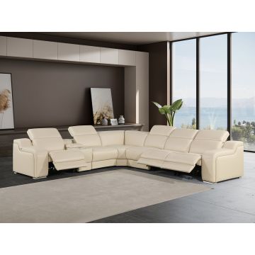 1116 DivanItalia Beige 7-Piece L-Shaped Sectional Sofa in Top Grain Italian Leather with 3 Power Recliners & Power Headrests