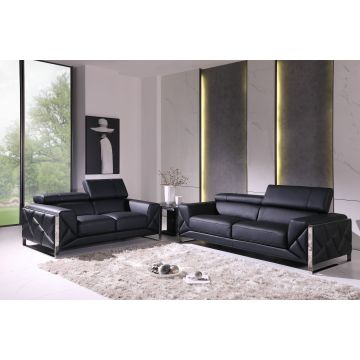 903 DivanItalia Black 2-Piece Sofa Set with Adjustable Headrest in Top-Grain Italian Leather