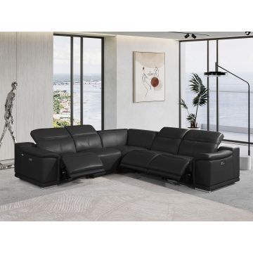 9762 DivanItalia Black 5-Piece L Shaped Top Grain Italian Leather Sectional Sofa with 3 Power Recliners