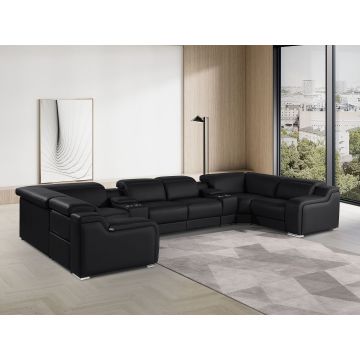 1116 DivanItalia Black 8-Piece U-Shaped Sectional Sofa in Top Grain Italian Leather with 4 Power Recliners & Power Headrests