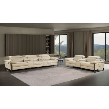 1246 DivanItalia BEIGE Modular Power Reclining Dual Console Sofa and Console Loveseat Set with Power Headrests – Top Grain Italian Leather