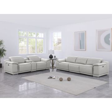 9762 DivanItalia LIght Gray 6-Piece Modular Power Reclining Sofa and Console Loveseat Set with 5 Power Recliners in Top Grain Italian Leather