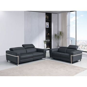 990 DivanItalia Dark Gray Power Reclining 2-Piece Sofa Set with Power Headrest in Top-Grain Italian Leather