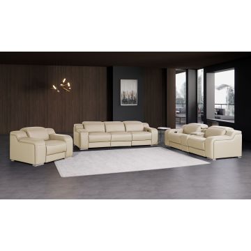 1116 DivanItalia Beige 7-Piece Modular Power Reclining Sofa, Loveseat & Chair Set in Top Grain Italian Leather with 5 Power Recliners & Power Headrests
